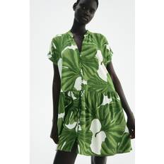 White Dresses H&M Leaves Crinkled Tunic Dress - White/Green