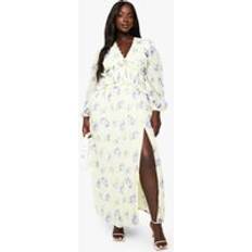 Long Dresses - Pleats boohoo Plus Chiffon Long Sleeve Pleated Waist Maxi Dress - Yellow