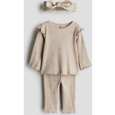 3-6M Other Sets H&M Bows 3-Piece Ribbed Cotton Set - Beige/Bows
