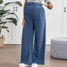 Graviditet & Amning Shein Maternity Ruffled Waist Drawstring Adjustable Blue Denim Pants