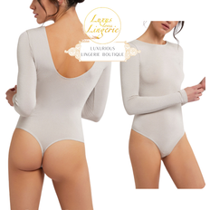 Wolford Bodysuits Wolford Memphis String Body Lunar Creme Back Cutout Long Sleeve