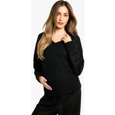 Black Maternity & Nursing Wear boohoo Womens Maternity Lounge Soft Textured Oversized V Neck Jumper Black