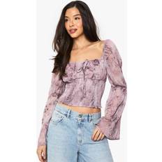 Purple - Women Blouses boohoo Floral Chiffon Tie Front Shirred Blouse - Purple