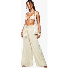 Women Swimsuit Cover-Ups & Sarong Wraps boohoo Womens Linen Tassel Wide Leg Beach Trousers - Beige