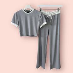 Womens Ribbed Contrast Cap Sleeve Crop Top Flared Trouser - Grey