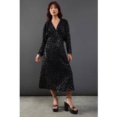 Midi Dresses - Sequins Warehouse Womens Midi Sequin Crinkle Batwing Plunge Neck - Black