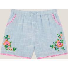 Floral Embroidery Slub Shorts - Blue
