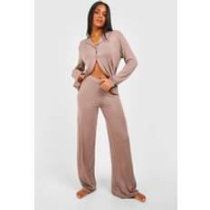 Brown - Women Pyjamas boohoo Womens Peached Jersey Wide Leg Pyjama Trouser - Brown