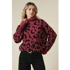 Leopard - Women Jumpers Dorothy Perkins Fluffy Leopard Roll Neck Jumper - Dark Pink