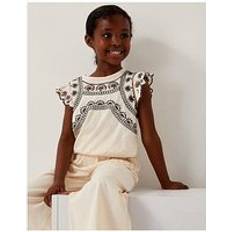 Girls Embroidered Cotton Frill T-shirt - Ivory