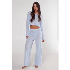 Women Pyjamas on sale Pointelle Long Sleeve Cropped Top Trouser Pajama Set - Blue