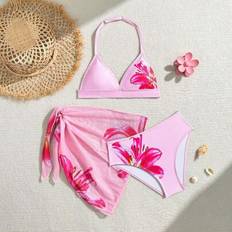 Shein Tween Girls Pink Floral Print Halterneck Set