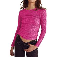 Sequins T-shirts Shein Women Long Sleeve Tops Solid Color Sequins - Shiny