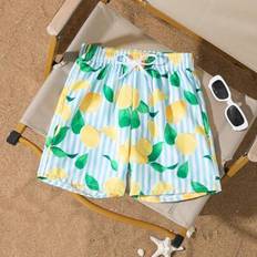 Shein Tween Boy Summer Tropical Fruit Print Elastic Waist Drawstring - Striped Swim Trunks