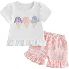 Children's Clothing Shein Toddler Girl Summer 2 Piece Set Ice Cream Short Sleeve - Plaid Print