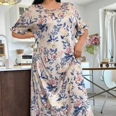 Elastane/Lycra/Spandex Nightgowns Shein Plus Size Floral Print Round Neck Short Sleeve - Loose Nightgown