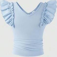 Polyester Blouses & Tunics Children's Clothing Shein Girls Casual Solid Color V-Neck Ruffled Sleeve Back Hollow - Blouse