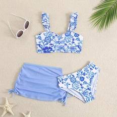 Florals Bikinis Children's Clothing Shein Young Girls Floral Print Bikini Set With Cover-Up Skirt