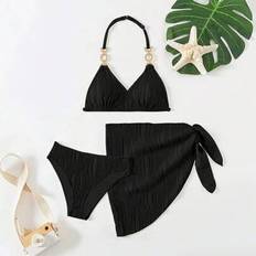 Shein Tween Girls Solid Color Halter Bikini Set With Coverup Mini Skirt