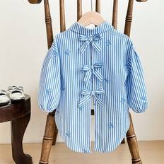 6-9M Blouses & Tunics Children's Clothing Shein Baby Girl Casual Stripe Bow Print Loose Drop Shoulder Blouse - Suitable