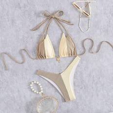 Beige - Women Bikini Sets Shein Solid Color Cute Sexy Backless Bikini Set - European American