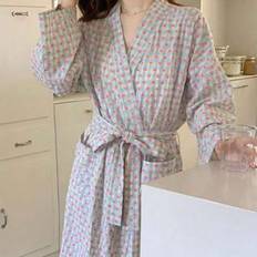 Multicoloured - Women Robes Shein Floral Plaid Robe V-Neck Pocket Design - Mid-Length