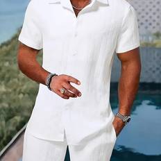 Men - White Suits Temu Summer Men's Jacquard Suit Street Collar Shirt Set