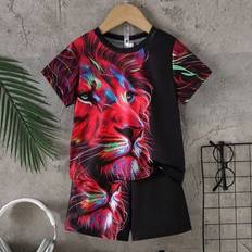 Red Other Sets Shein Toddler Boys 3D Lion Print Short Sleeve T-Shirt - Summer