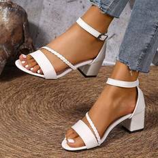 White Heeled Sandals on sale Shein Women Low Heel Round Toe Woven Strap Sandals - Spring Summer