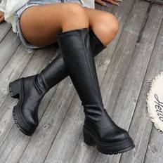 Platform High Boots Shein Leather Round Toe Chunky Heel Over-The-Knee Boots - Black