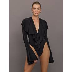 Svarta Shapewear & Underplagg Norma Kamali Long Sleeve Deep V Ruffle Bodysuit - Black