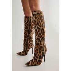Brown High Boots on sale Nasty Gal Diamante Embellished Leopard Print Knee High Heeled Boot - Brown