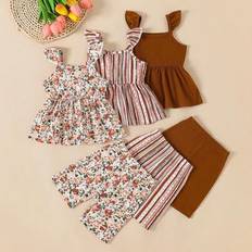 Children's Clothing Shein Baby Girls Flower Stripe Full Print Sleeveless Top Shorts Set