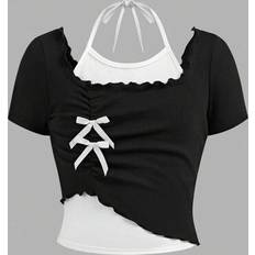 Sleeveless T-shirts Children's Clothing Shein Tween Girls 2 In 1 Halter Neck Crop T Shirt - Street Style