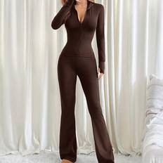 Brown - Women Suits Shein Women Casual Solid Color Long Sleeve Top Flared Pants Set - Autumn/Winter