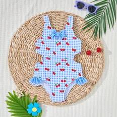 Checkered Swimwear Shein Young Girls One-Piece Plaid Cherry Swimsuit