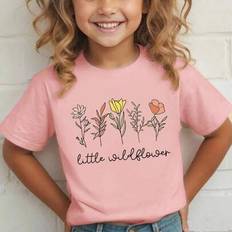 Florals T-shirts Children's Clothing Shein Young Girl's Flowers Slogan Print Neck Short Sleeve T Shirt - For Kids