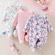 Multicoloured Jumpsuits Children's Clothing Shein Newborn Adorable Ditsy Floral Butterfly Print Soft Comfortable Long Sleeve Jumpsuit - Set