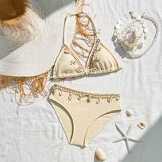 Beige Swimwear Shein Tween Girls Shell Decor Halter Bikini Swimwear Set