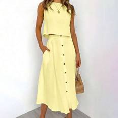 Women - Yellow Suits Shein Solid Color Sleeveless Top A-Line Skirt - Spring/Summer
