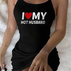Black Nightgowns Shein Women Casual Letter Print Slip Nightgown