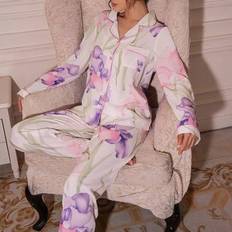 Wool Sleepwear Shein Printed Collar Long Sleeve Pajama Set