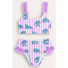 Shein Cartoon Striped Print Frill Trim Swimsuit Set - Young Girls