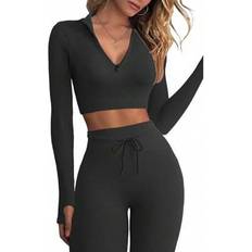 Black - Yoga Suits Shein Top Pants Set Long Sleeve Suit Zipper - Zipper