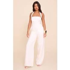 PrettyLittleThing Premium Woven Halter Neck Wide Leg Jumpsuit - White