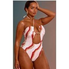 White Swimsuits PrettyLittleThing Marble Print Beaded Halterneck Swimsuit - White