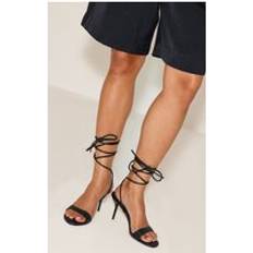 Laced Heeled Sandals PrettyLittleThing Pu Round Toe Lace Up High Stiletto Heeled Sandals - Black