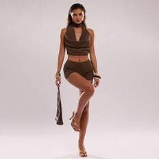 Shein Summer Sexy Draped Neck Backless Top Shorts Set - C