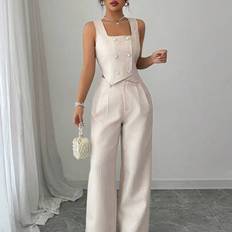 Checkered - Women Suits Shein Women Plaid Collared Double-Breasted Sleeveless Top And Pants Set