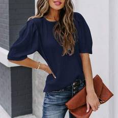 Shein Solid Short Sleeve Blouse Summer Crew Neck - Casual